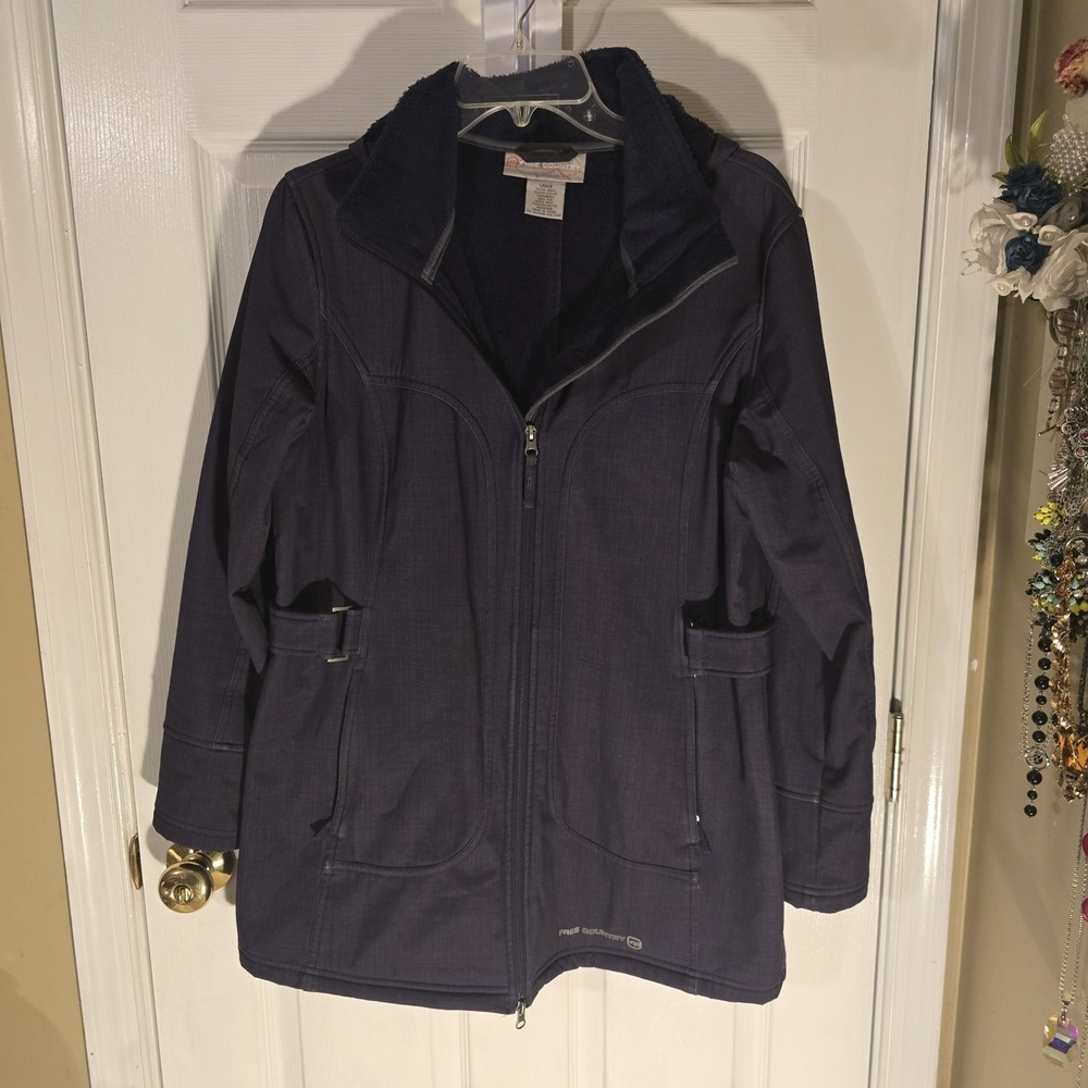 Free Country Coat Womens Large Removable Hood Jacket Blue Pockets‎ Zip Close